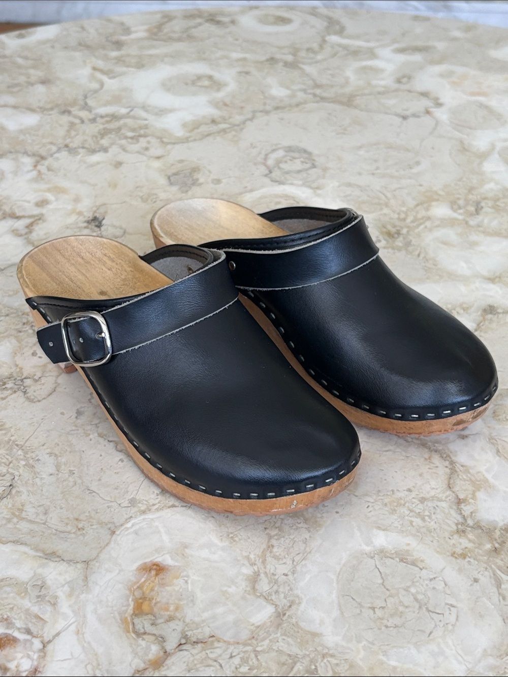 Dina Swedish Leather & Wood Clogs